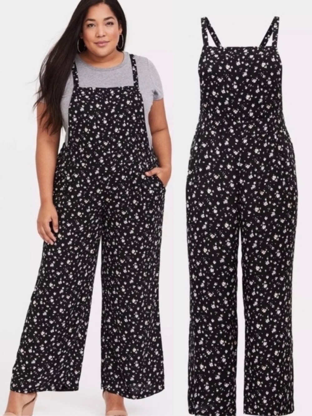 NWT Torrid Black Floral Crepe Wide Leg Overall Neon Ditsy Jumpsuit Boho
